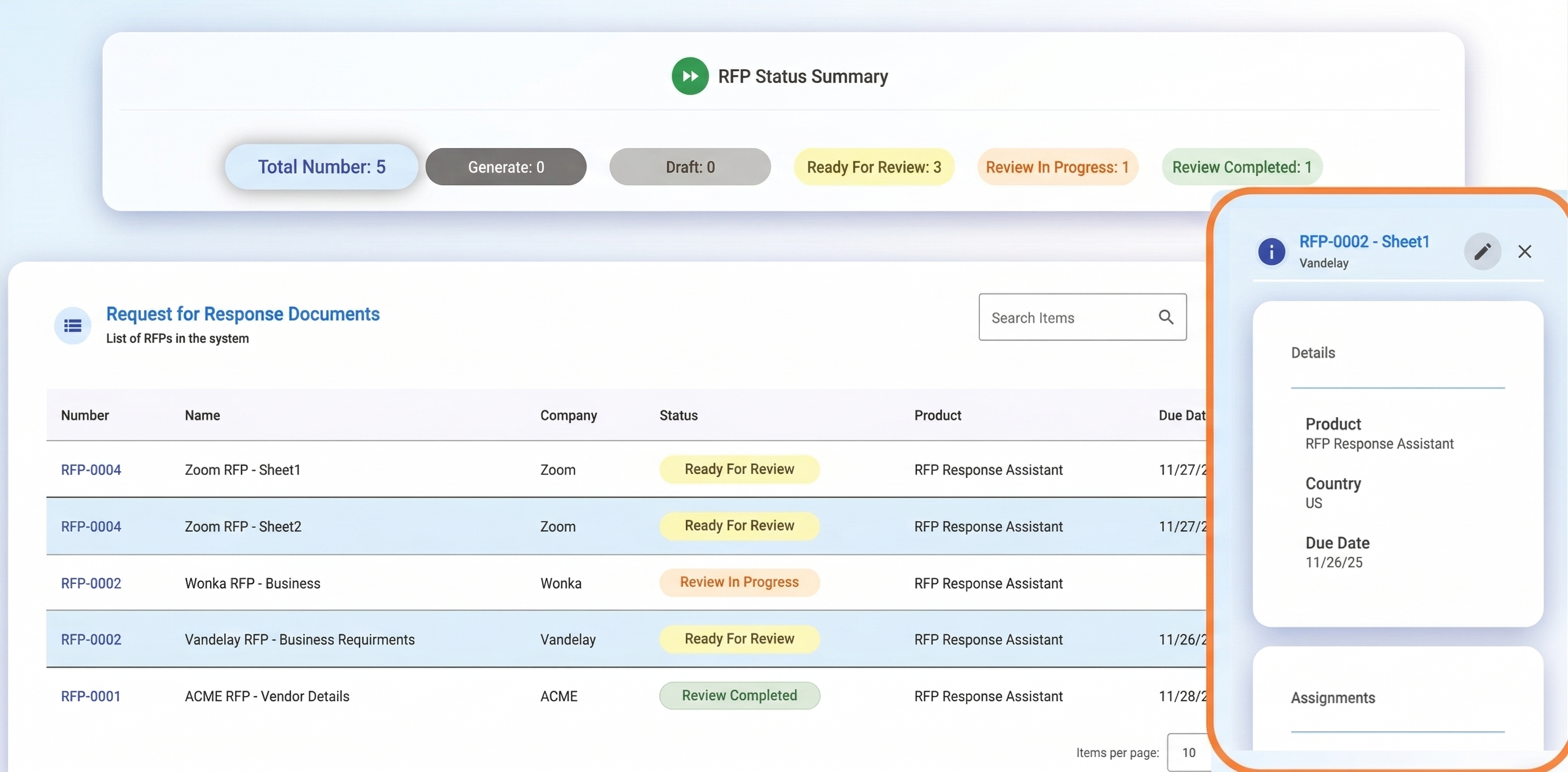 RFP Settings Quick-view panel