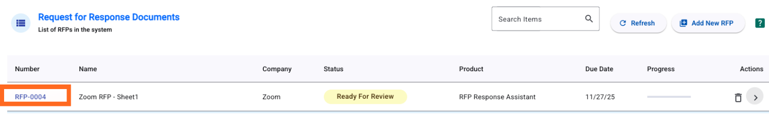 Dashboard showing a list of RFPs