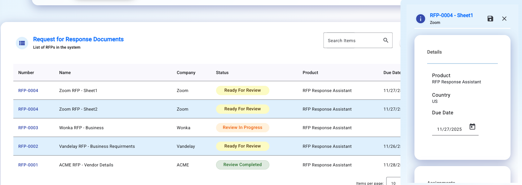 RFP quick-edit panel