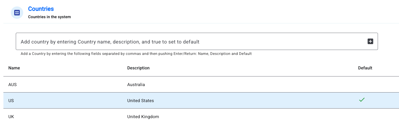 Countries settings page