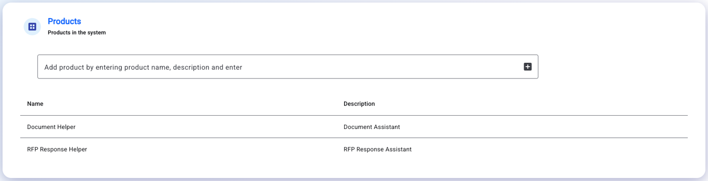 Products settings page